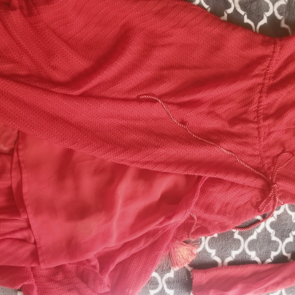 Red, long, sheer dress with liner and tassel tie